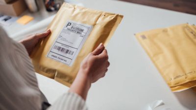 Hands of an unrecognisable small business owner holding a yellow envelope with shipping details before dispatching it